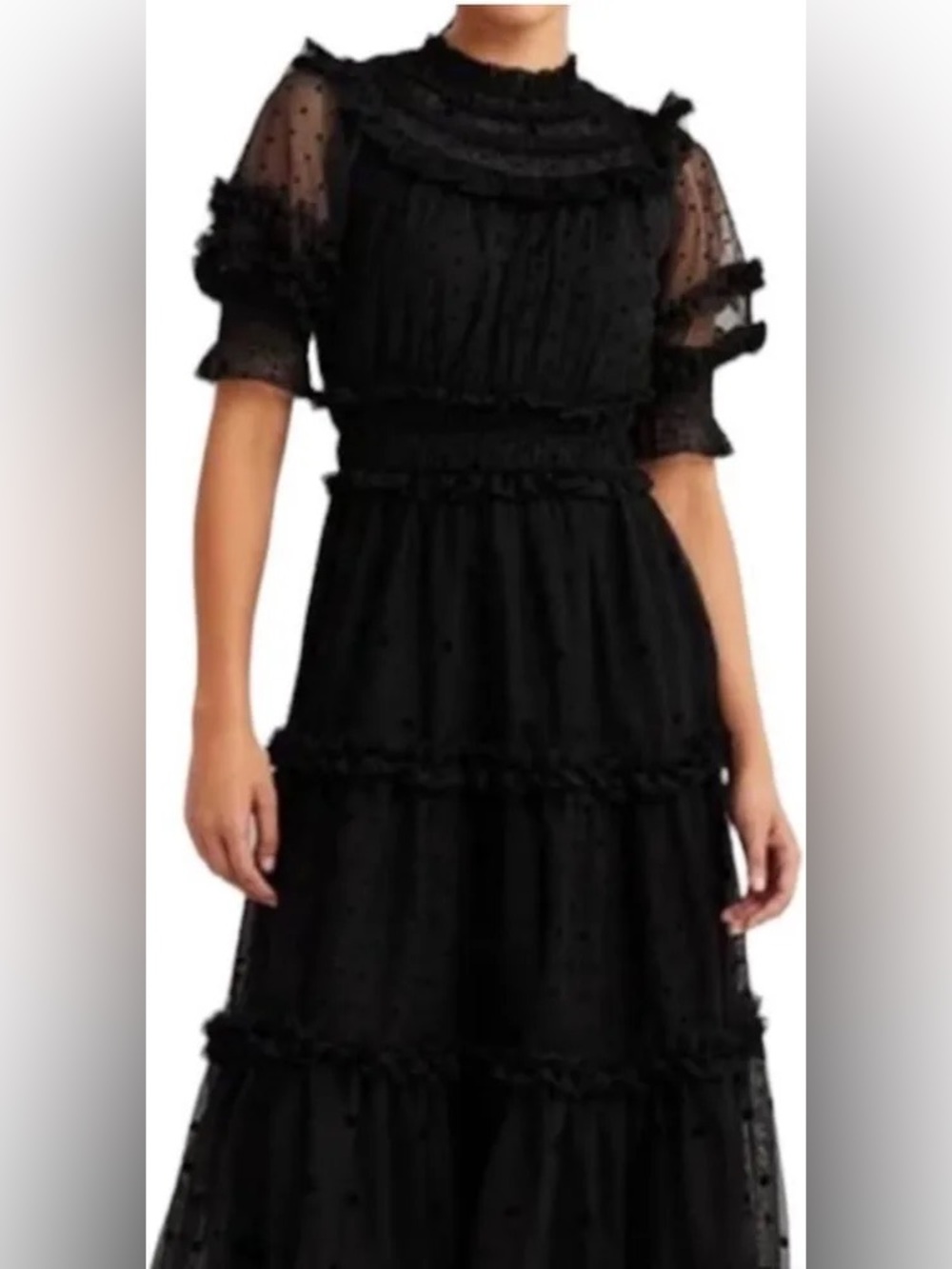 Boden Black Tiered Tulle and Velvet Swiss Dot 3/4 Sleeve Dress